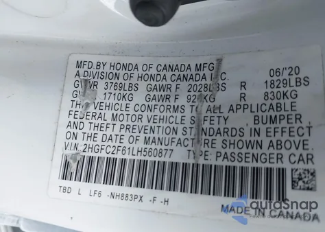 2020 Honda Civic Lx из США, поврежденный, VIN 2HGFC2F61LH560877